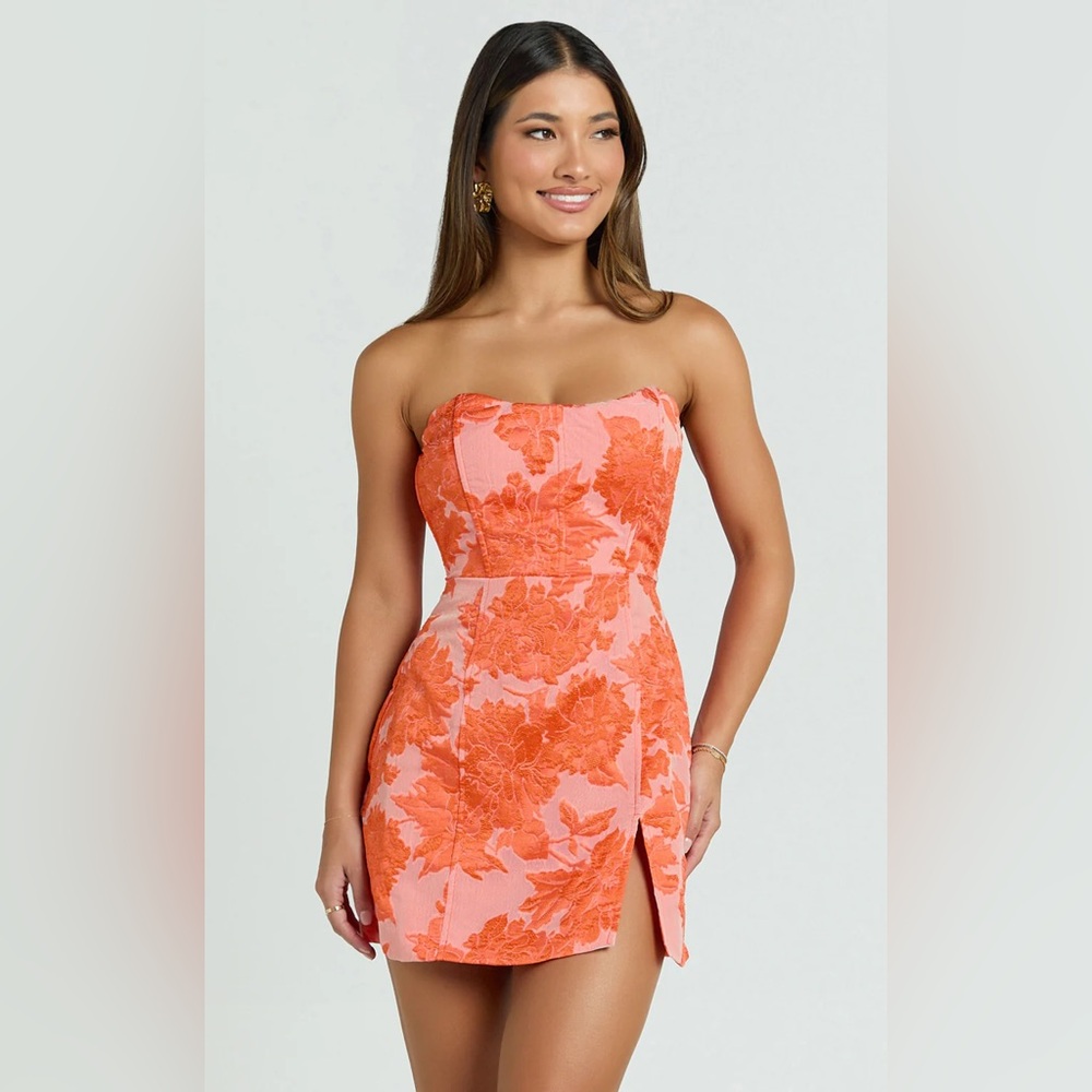 Showpo Pink and Orange Floral Strapless Mini Dress
